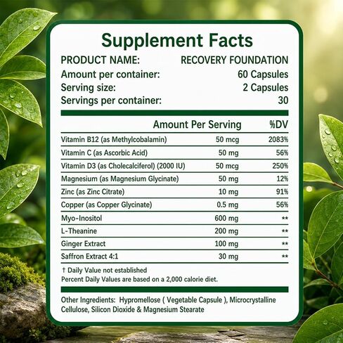 Zafira Recovery Foundation Capsules, Organic Saffron Extract, L-Theanine, Myo-Inositol, Ginger Root, Magnesium, Vitamins D3, B12 & C, Vegan Non-GMO Daily Wellness Supplement for Men & Women, 60 Count. in Saudi Arabia