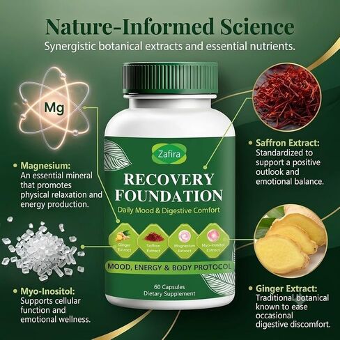 Zafira Recovery Foundation Capsules, Organic Saffron Extract, L-Theanine, Myo-Inositol, Ginger Root, Magnesium, Vitamins D3, B12 & C, Vegan Non-GMO Daily Wellness Supplement for Men & Women, 60 Count. in Saudi Arabia