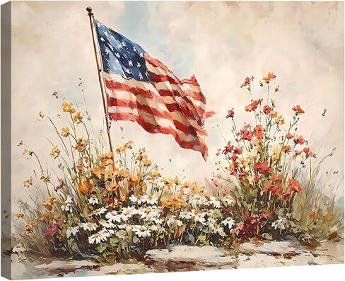4th of July American Flag Wildflower Canvas Wall Art 8x12in, Framed Patriotic Prints Pictures for Bedroom, Vintage Farmhouse Wall Decor Artwork for Living Room Office Home, Made in USA in Saudi Arabia