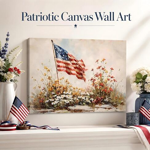 4th of July American Flag Wildflower Canvas Wall Art 8x12in, Framed Patriotic Prints Pictures for Bedroom, Vintage Farmhouse Wall Decor Artwork for Living Room Office Home, Made in USA in Saudi Arabia