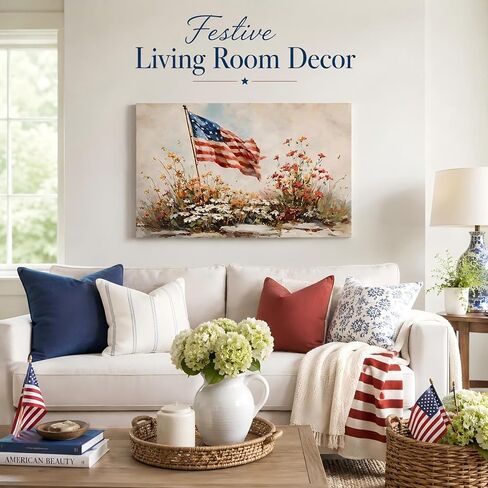 4th of July American Flag Wildflower Canvas Wall Art 8x12in, Framed Patriotic Prints Pictures for Bedroom, Vintage Farmhouse Wall Decor Artwork for Living Room Office Home, Made in USA in Saudi Arabia