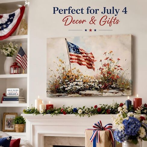 4th of July American Flag Wildflower Canvas Wall Art 8x12in, Framed Patriotic Prints Pictures for Bedroom, Vintage Farmhouse Wall Decor Artwork for Living Room Office Home, Made in USA in Saudi Arabia
