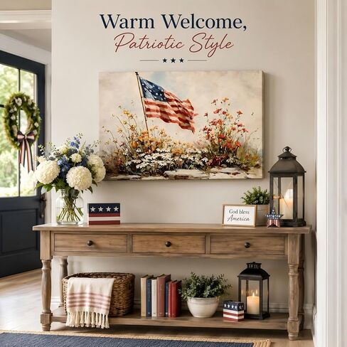 4th of July American Flag Wildflower Canvas Wall Art 8x12in, Framed Patriotic Prints Pictures for Bedroom, Vintage Farmhouse Wall Decor Artwork for Living Room Office Home, Made in USA in Saudi Arabia