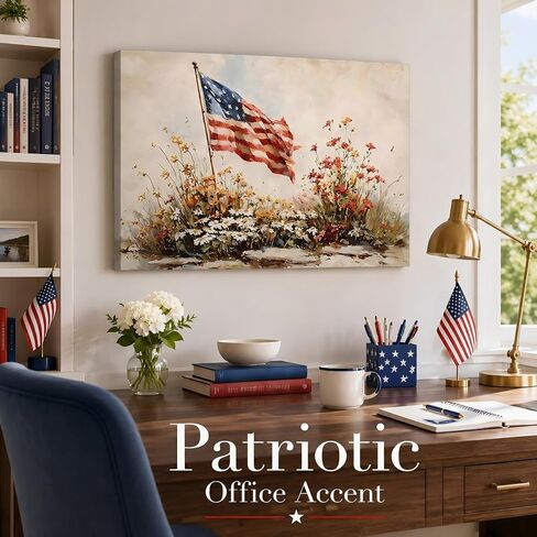 4th of July American Flag Wildflower Canvas Wall Art 8x12in, Framed Patriotic Prints Pictures for Bedroom, Vintage Farmhouse Wall Decor Artwork for Living Room Office Home, Made in USA in Saudi Arabia