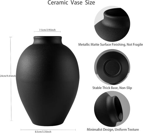 Matte Black Metal Vase, 9.5 Inch Tall Oval Shaped Decorative Flower Vase for Tabletop, Minimalist Modern Home Décor, Centerpieces for Living Room, Dining Room, Wedding or Office in Saudi Arabia