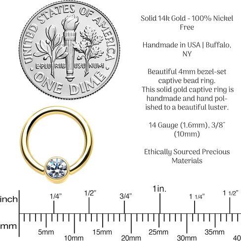 Body Candy Customizable 14G Captive Bead Ring 14k Yellow Solid Gold CZ Captive Ring Personalized Nipple Cartilage Septum Body Piercing Jewelry in Kuwait
