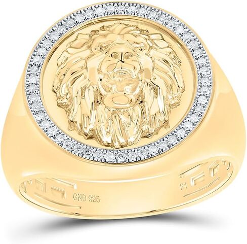 Silver, Yellow Gold Plated 925 Sterling Silver 1/6 CTW Diamond Lion Face Mens Ring in Kuwait