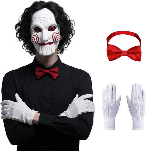 Billy Costume Mask for Men Adult Scary Halloween Costumes Horror Movie Killer Cosplay Full Head Latex Mask with Red Bow Tie and White Gloves KF021 in Saudi Arabia