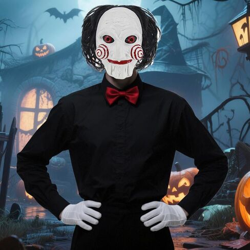 Billy Costume Mask for Men Adult Scary Halloween Costumes Horror Movie Killer Cosplay Full Head Latex Mask with Red Bow Tie and White Gloves KF021 in Saudi Arabia