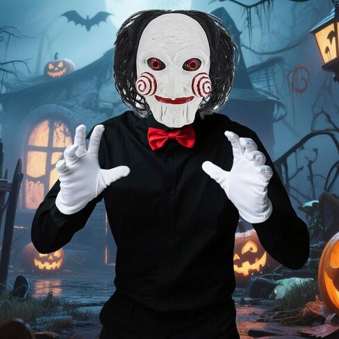 Billy Costume Mask for Men Adult Scary Halloween Costumes Horror Movie Killer Cosplay Full Head Latex Mask with Red Bow Tie and White Gloves KF021 in Saudi Arabia