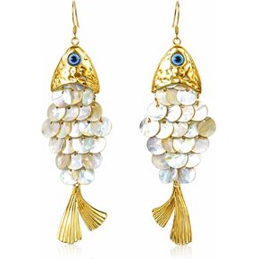 Boho Articulated Fish Drop Earrings for Women - Gold Tone Shimmering Resin Scale Dangle Earrings with Blue Evil Eye Charm, Lightweight Faux Shell Ocean Animal Jewelry Gift for Her Mom Wife in Saudi Arabia