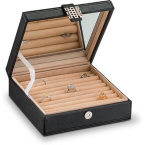 Glenor Co Ring Box Organizer - 54 Slot Classic Jewelry Display Case Holder - Storage Tray with Modern Buckle Closure, Large Mirror - Holds Rings and Cufflinks - Small for Travel - PU Leather - Black in Saudi Arabia