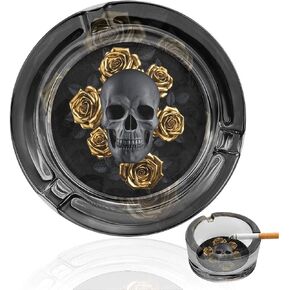 Black Skull with Gold Roses Cigarette Ashtrays Round Portable Cigar Ashtray Transparent Glass Smoking Ash Tray for Indoor Outdoor Home Office Patio Balcony Tabletop Decor in Saudi Arabia