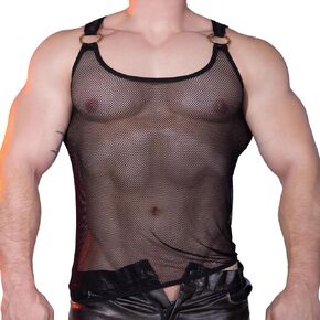 Mens Lace Tank Tops, Sexy Sheer Vests Faux Leather Sleeveless Shirts for Activewear in Kuwait