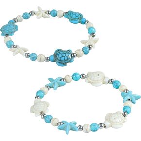 2Pcs Natural Shell Starfish Turtle Handmade Adjustable Bracelet Bohemia Colorful Beaded Bracelet Summer Hawaii Beach Ocean Holiday Friendship Couple Jewelry for Women in Saudi Arabia