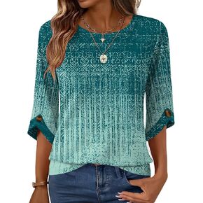 Blingfit Women Crew Neck 3/4 Sleeve Tops Casual Daily Basic Pullover Blouse | Soft Stretch Lightweight Fabric Classic Crew Neck Three Quarter Sleeves daily Office Wear Multiple Styles for Choice in Saudi Arabia