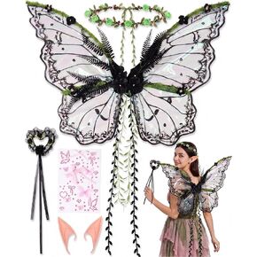 5Pcs Fairy Wings for Adults Women,Butterfly Costume Set with Elf Ears,Floral Headband,Heart Wand & Face Sticker 32"x21" in Saudi Arabia
