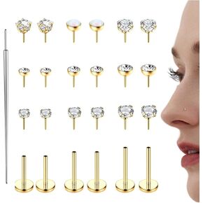 ZELORES 14K Gold Plated Threadless Nose Studs for Women Men 316L Stainless Steel Labret Stud Push In Nose Ring Stud Monroe Lip Rings CZ Opal Flat Back Nose Piecing Jewelry 1.5mm 2mm 3mm in Saudi Arabia