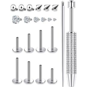 16G surgical steel Labret Studs Kit, 6/8/10/12mm Internal Thread with CZ Gems & Tool (22PCS) Monroe Lip Piercing Jewelry in Kuwait