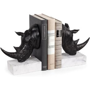 Rhino Head Bookends, Sculptural Rhinoceros Book Ends for Shelves Office Desk, Heavy Decorative Animal Bookends, Home Office Library Decor (Black) in Saudi Arabia
