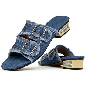 Women's Block Heel Denim Slides Sandals Fashion Two Buckle Strap Slip On Non Slip Square Round Toe Low Heel outdoor Walking Work Sandals for Vacation Daily Wear in Kuwait