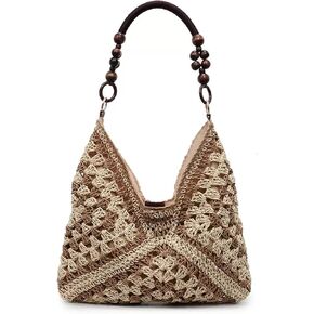 Women's Boho Straw Beach Tote Bag with Wooden Bead Handles Summer Holiday Vacation Handbag, Trendy Y2K Top Handle Purse in Saudi Arabia