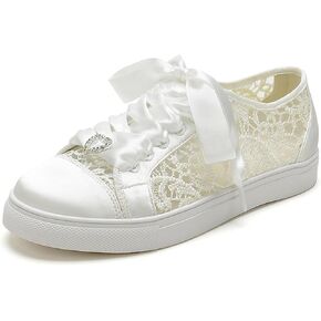 A580-03 Women's Wedding Shoes Bridal Sneakers Flats Bride Tennis Shoes Cutout Lace Sneakers in Saudi Arabia