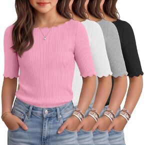 4 Pack Girl's Half Sleeve T Shirts Kids Ribbed Lettuce Trim Tops Boat Neck Fitted Summer Casual Tees, 5-16 Years in Saudi Arabia