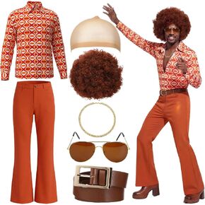 Mepase 7 Pcs 70s Disco Costumes for Men Hippies Outfit Set Retro Shirt Wig Bell Bottom Pants Sunglasses Necklace Wig Cap Belt in Saudi Arabia