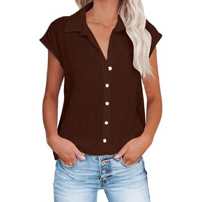 Womens Cotton Linen Shirts Short Sleeve Button Down Blouses Dressy Casual Collared Work Tops Summer Gauze Shirts in Saudi Arabia