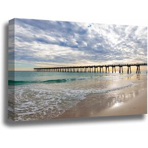 Pensacola Beach Pier Canvas Wall Art | Florida Gulf Coast Fishing Emerald Seascape Coastal Ocean Travel Landscape Gallery Wrap Photography Decor (12" x 18", .75" Depth) in Saudi Arabia
