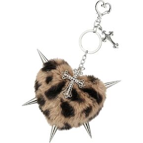 Punk Cross Heart Bag Plush Keychain for Women Goth Grunge Leopard Print Keychain Bag Purse Charm for Handbag Jewelry in Saudi Arabia