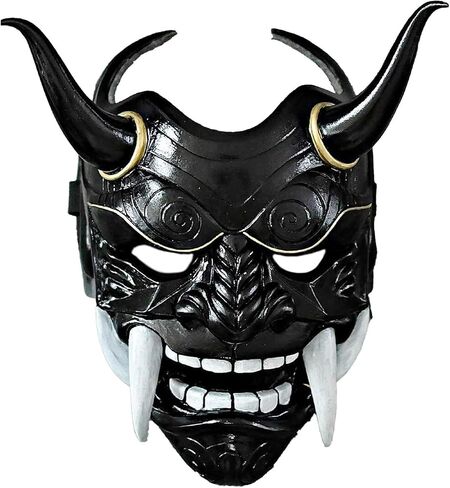 PDLING Halloween Japanese Samurai Hannya Oni Mask Latex Half Face Demon Cosplay Costume Airsoft Masks for Men (Black) in Saudi Arabia