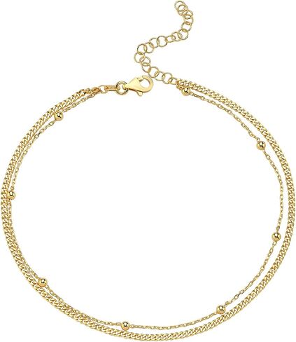 MIONZA 18K Gold Vermeil Station Anklet for Women, Double Chain Anklet, Layered Cute Beads Chain, Gift for Her in Kuwait