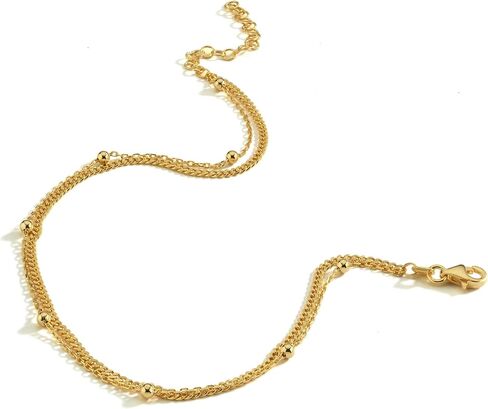 MIONZA 18K Gold Vermeil Station Anklet for Women, Double Chain Anklet, Layered Cute Beads Chain, Gift for Her in Kuwait