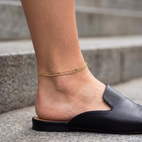 MIONZA 18K Gold Vermeil Station Anklet for Women, Double Chain Anklet, Layered Cute Beads Chain, Gift for Her in Kuwait