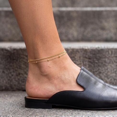 MIONZA 18K Gold Vermeil Station Anklet for Women, Double Chain Anklet, Layered Cute Beads Chain, Gift for Her in Kuwait