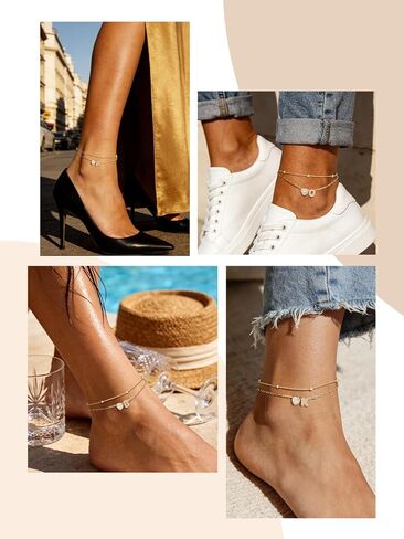 bestyle أساور خلخال أولية للنساء مقاومة للماء وغير مشوهة 14 قيراط ذهب/أبيض مطلي بالذهب تشيكوسلوفاكيا الخلخال للنساء أنيقة الطبقات حرف القلب أساور الكاحل قابل للتعديل سلسلة القدم خلخال in Kuwait