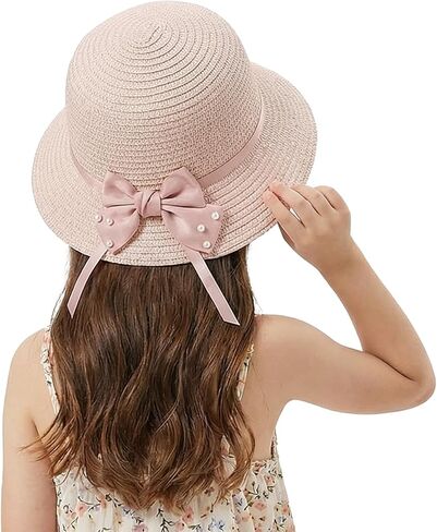 Girls Bowknot Straw Hat, Kids Sun Protection Bucket Hat with Chin Strap for 2-7 Years Old, Summer Headwear for Beach in Kuwait