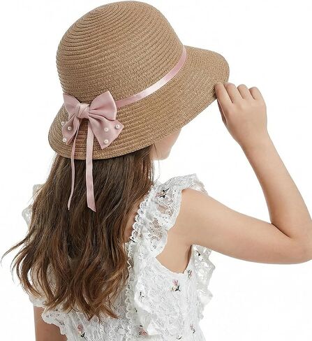 Girls Bowknot Straw Hat, Kids Sun Protection Bucket Hat with Chin Strap for 2-7 Years Old, Summer Headwear for Beach in Kuwait