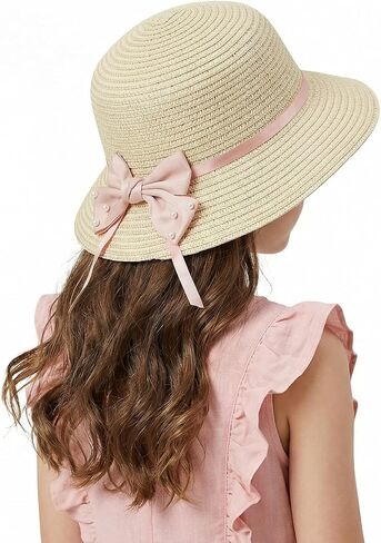 Girls Bowknot Straw Hat, Kids Sun Protection Bucket Hat with Chin Strap for 2-7 Years Old, Summer Headwear for Beach in Kuwait