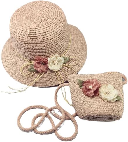 ITODA Little Girls Straw Flower Hat with Shoulder Bag Summer Beach Pool Floppy Sun Hat Wide Brim UPF 50+UV Sun Protection Cap in Kuwait