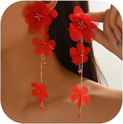 Flower Earrings for Women Long Fabric Flower Tassel Earrings Bohemian Handmade Floral Statement Earring Wedding Prom Jewelry Gifts in Saudi Arabia