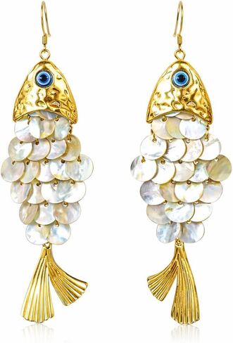 Boho Articulated Fish Drop Earrings for Women - Gold Tone Shimmering Resin Scale Dangle Earrings with Blue Evil Eye Charm, Lightweight Faux Shell Ocean Animal Jewelry Gift for Her Mom Wife in Saudi Arabia