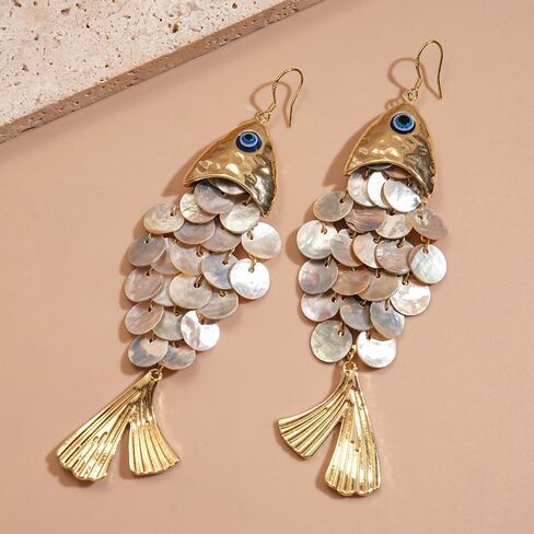 Boho Articulated Fish Drop Earrings for Women - Gold Tone Shimmering Resin Scale Dangle Earrings with Blue Evil Eye Charm, Lightweight Faux Shell Ocean Animal Jewelry Gift for Her Mom Wife in Saudi Arabia