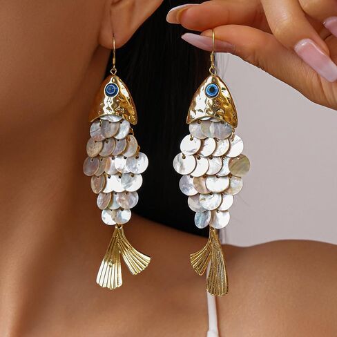 Boho Articulated Fish Drop Earrings for Women - Gold Tone Shimmering Resin Scale Dangle Earrings with Blue Evil Eye Charm, Lightweight Faux Shell Ocean Animal Jewelry Gift for Her Mom Wife in Saudi Arabia