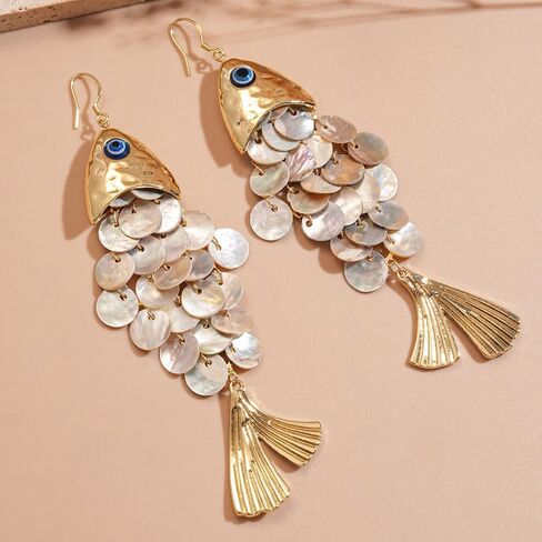 Boho Articulated Fish Drop Earrings for Women - Gold Tone Shimmering Resin Scale Dangle Earrings with Blue Evil Eye Charm, Lightweight Faux Shell Ocean Animal Jewelry Gift for Her Mom Wife in Saudi Arabia