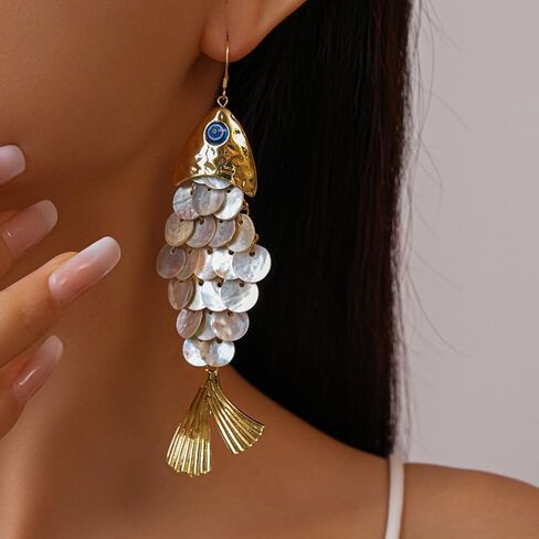 Boho Articulated Fish Drop Earrings for Women - Gold Tone Shimmering Resin Scale Dangle Earrings with Blue Evil Eye Charm, Lightweight Faux Shell Ocean Animal Jewelry Gift for Her Mom Wife in Saudi Arabia
