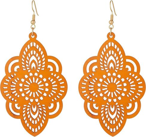 Boho Black Filigree Dangle Earrings for Women, Lightweight Hollow Lace Drop, Wood, 3.34" x 1.69", Bohemian Jewelry in Saudi Arabia