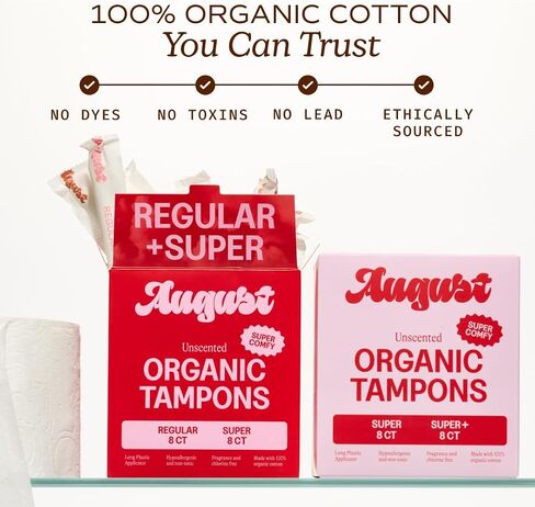 August Organic Tampons - Easy-Glide Long Applicators - Super & Super+ - 36-Pack 100% Organic Cotton Tampons for Women, Non-Toxic, Fragrance-Free, and Hypoallergenic in Saudi Arabia